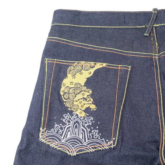 The Year Of Jeans Mens Sz 34 Raw Denim Japan Selvedge Button Fly Embroidered - Picture 6 of 16